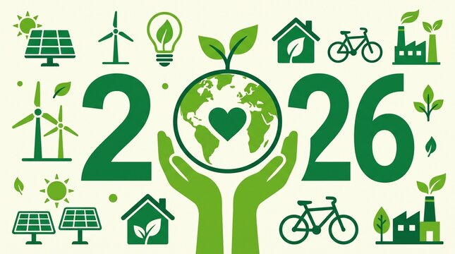 Year 2026 green energy sustainability concept illustration showing hands holding globe with heart surrounded by solar panels wind turbines and eco icons