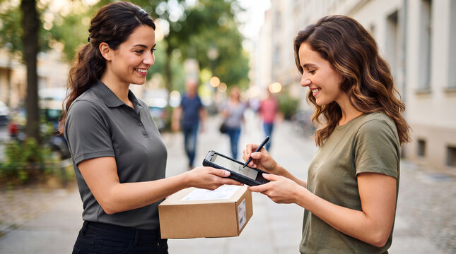 Woman courier delivering package to happy woman signing for parcel on mobile device. Logistics service and digital delivery proof. Ecommerce shipping and customer service on city street