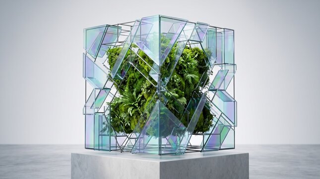 Futuristic glass cube containing lush green plant encased on concrete pedestal in minimalist studio space conceptualizing environmental preservation