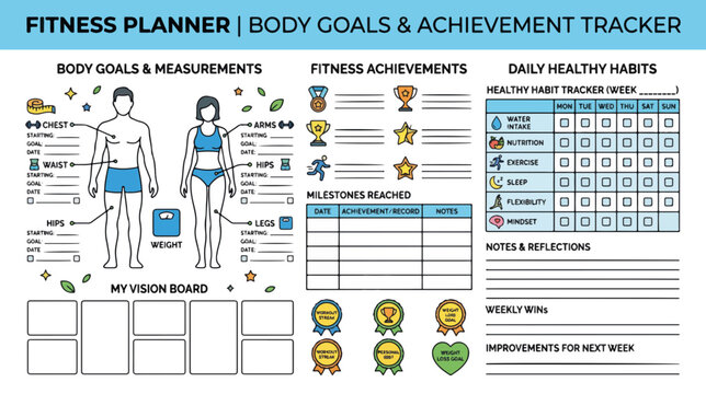 Fitness planner and body goals achievement tracker. Colorful flat design workout journal with vision board and habit tracker template. Health and wellness organizer vector illustration