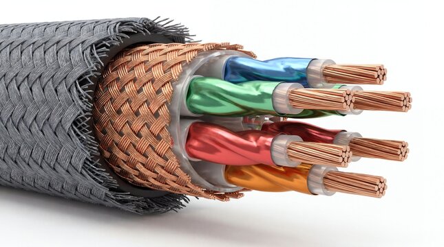 Close-up of a cut electrical cable showing copper wires and braided shielding