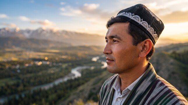 Man in traditional skullcap looking at mountain landscape. Central Asian male model in ethnic clothing at sunset. Portrait reflecting heritage, travel, adventure and cultural identity