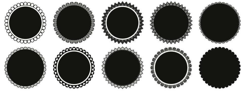 Round lace doily frames with scallop border for sticker and label. Black circle pattern edge in gothic lace silhouette and floral detail. Vector frame set with noir crochet detail isolated on white