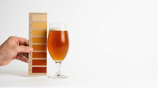 Brewer holding color chart next to beer glass for quality control. Professional analysis of golden ale hue. Assessment of malt intensity and visual evaluation in brewery production.