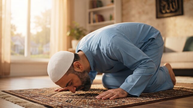 Muslim man praying on a rug in a house. Believer performing daily salat prostration to god. Islamic religious worship practice. Devotion, spirituality and faith in home interior