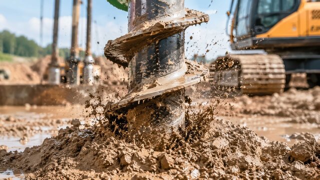 Close-up view of a drilling rig digging into the earth, sending mud and debris flying. In the background, other machinery can be seen working on the construction site