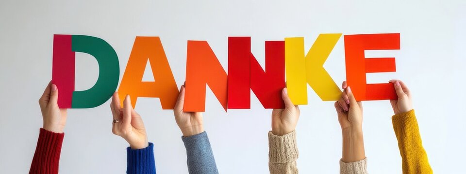 Hands holding colorful cut-out letters spelling the word 'danke' (thank you in German) against a white background, diverse sweater sleeves, cheerful gesture of gratitude and teamwork