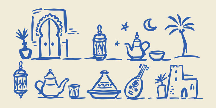 Moroccan Travel Icons Hand Drawn Doodle Vector Illustration