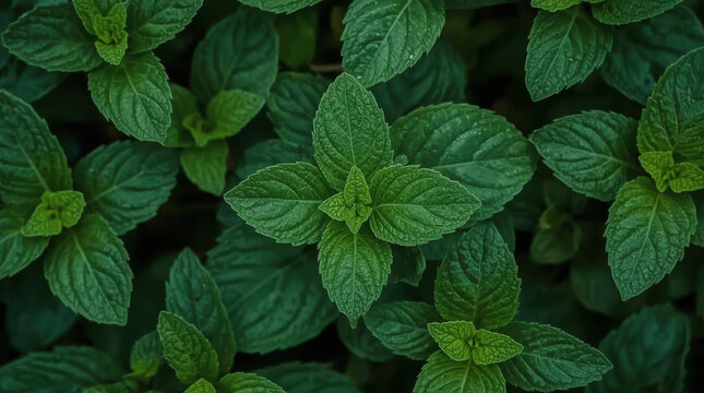 Fresh green mint leaves overlapping in crisp minimalist close up with vivid texture