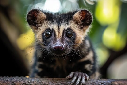 Curious small civet perched on a branch, wide-eyed and alert with striped facial markings and clawed paw against soft green bokeh forest background