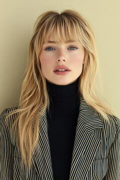 blonde woman with bangs and freckles wearing a black turtleneck and striped blazer, calm confident poised expression against a beige background