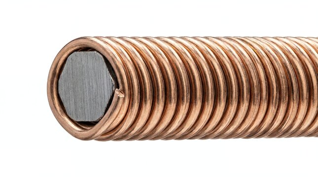 Close-up of a guitar string with copper winding and metal core on white background