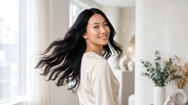 Smiling woman with luxurious, flowing dark hair radiates confidence and vitality, turning elegantly to showcase her beautiful locks in a bright, serene home setting