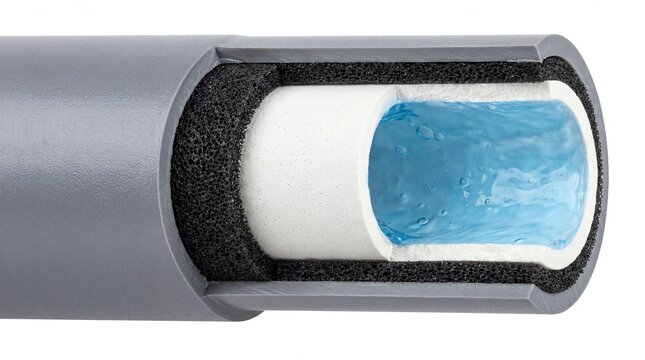 Cross-section of insulated pipe with flowing blue liquid, graphic illustration