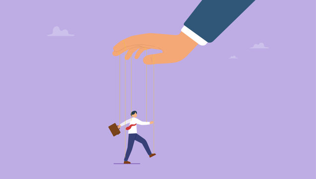Hand control string on businessman puppet doll. Gaslighting, domination or manipulate by control puppet doll, marionette or exploitation, authority or boss micro management, dictator or slave concept.