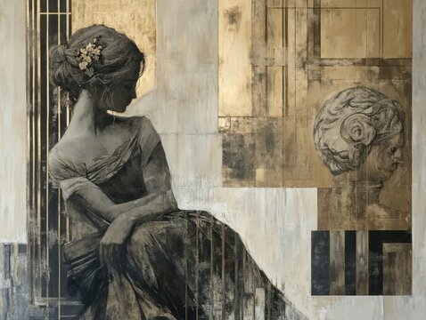 Contemporary Neoclassical artwork blending traditional elegance with modern artistic elements, balanced composition