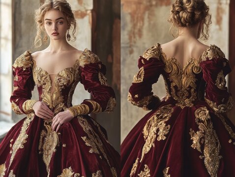 Luxurious Renaissance-inspired gown featuring golden embellishments, intricate craftsmanship, and regal elegance with a timeless historical aesthetic