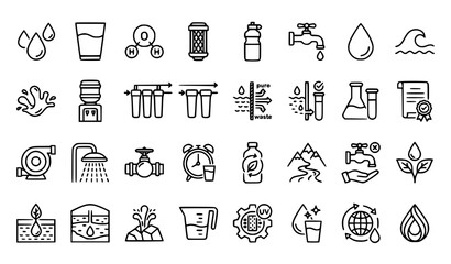 Fototapeta premium Pure Water and Hydration Linear Icons Vector Set with H2O Molecule and Filtration Symbols