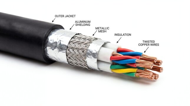 Close-up of a complex electrical cable, showing its internal structure and layers.