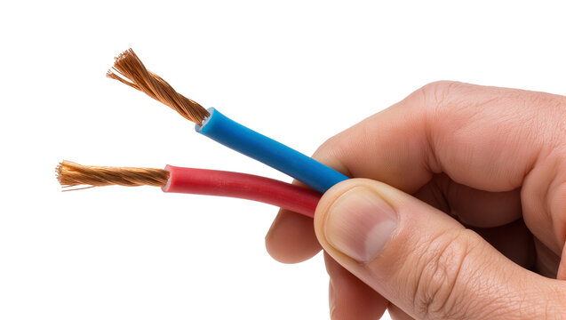 Isolated human hand holding two stripped red and blue electrical wires with exposed copper