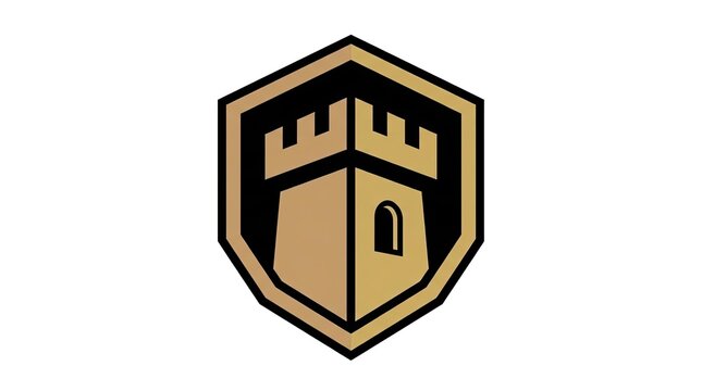 Gold castle tower shield emblem.