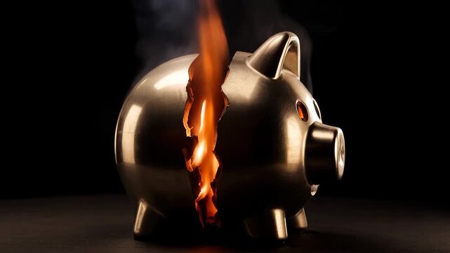 Golden ceramic piggy bank being destroyed and cracked by a sharp line of hot orange fire flame against a dark background. Concept of financial crisis and inflation danger