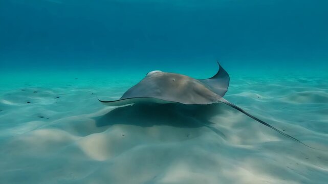 Large grey stingray swimming gracefully close to the sandy sea floor in a clear blue tropical ocean water with sun rays. Concept of marine wildlife exploration