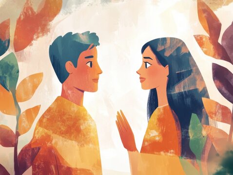 Warm illustrated interaction between two individuals exchanging thoughts and perspectives, emphasizing communication, creativity