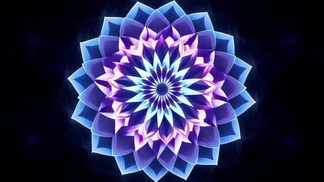 Abstract blue and purple geometric mandala ornament pattern expanding and shifting like a psychedelic kaleidoscope loop. Concept of digital art and hypnotic meditation