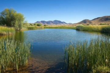 Obraz premium Tranquil mountain pond surrounded by tall reeds and grassy banks under a clear blue sky