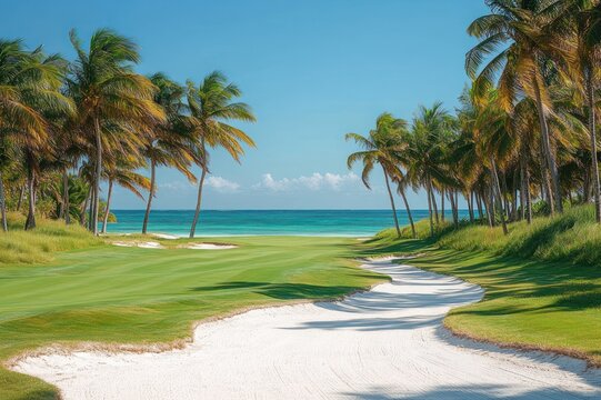 Sunlit tropical golf fairway with white sand bunkers and palm trees framing a turquoise ocean horizon, serene and peaceful seaside scene