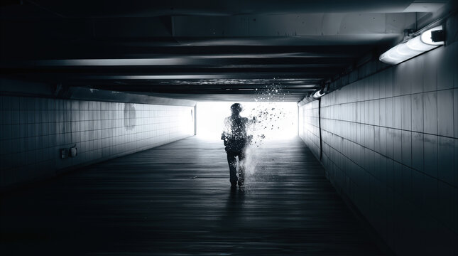 Silhouette of person dissolving into particles while walking through dark pedestrian underpass toward bright light. Conceptual representation of digital transformation or memory loss.