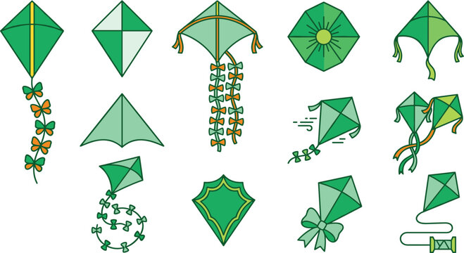 Colorful Green Flying Kite Festival Vector Set with Diamond Kites, Decorative Ribbon Tails, Bows, and String Spool Elements