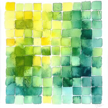 hand-painted watercolor grid of green, teal, and yellow squares with soft blending and organic texture, evoking a calm, fresh, soothing mood