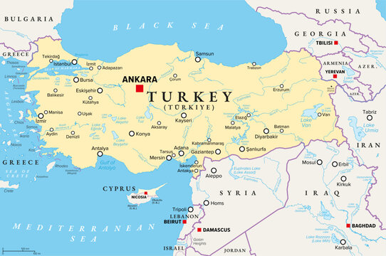 Turkey, Republic of T&uuml;rkiye, political map, with capital Ankara, and largest cities. Country mainly located in Anatolia in West Asia, with smaller part called East Thrace in Southeast Europe. Vector