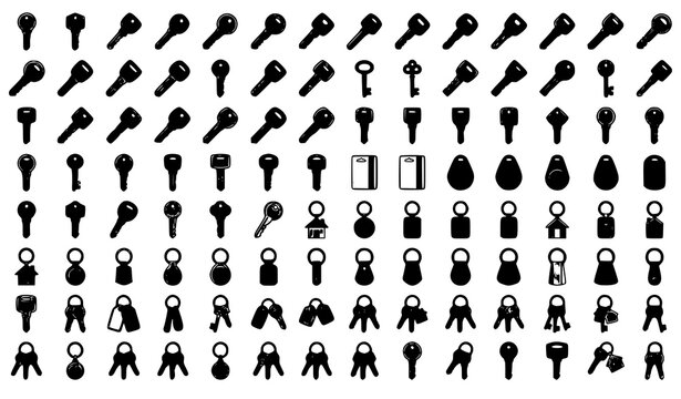 Diverse collection of black silhouette keys locks and home security icons