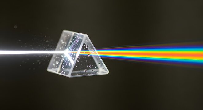 Light beam passing through a glass prism creating a spectrum of colors.