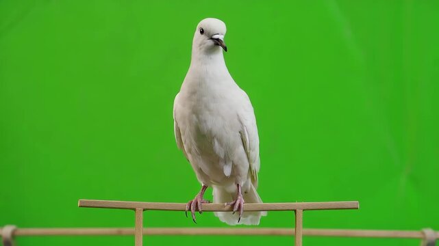 Beautiful white dove sitting quietly looking around against a bright uniform green screen background ready for keying. Concept of peace hope and freedom