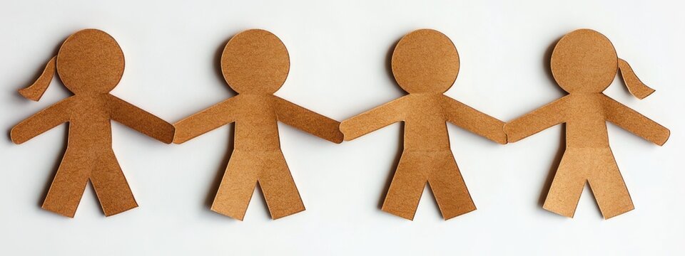 Four brown paper cutout figures holding hands in a chain on white background conveying unity and togetherness
