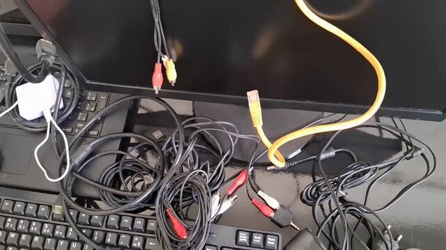 A messy desk with a computer monitor and a tangled video cable