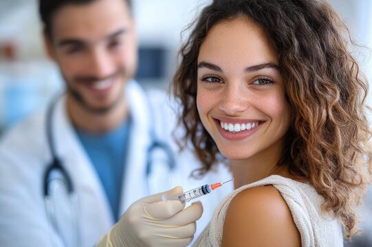woman receiving a vaccination in the upper arm from a gloved healthcare professional with a syringe in a clinical setting, calm and slightly apprehensive mood