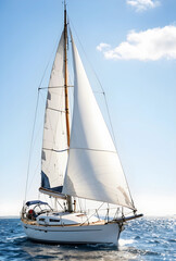 Fototapeta premium White sailboat cruising on blue ocean water under a clear sky, freedom and adventure