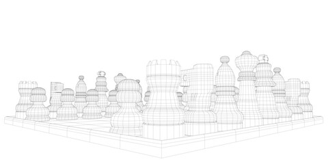 3D chess set with detailed pieces arranged in traditional formation on white background, featuring wireframe design and striking contrast between black and white sides. © German Ovchinnikov