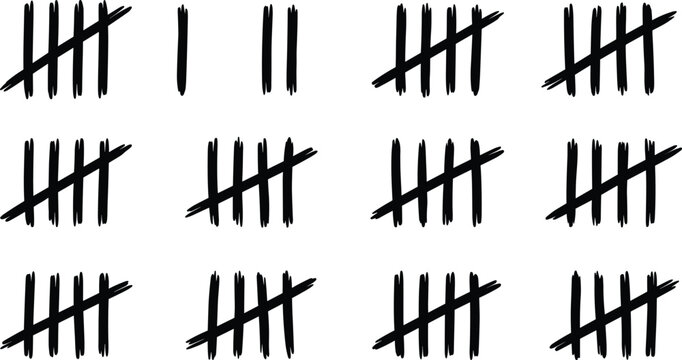 Black Hand Drawn Tally Marks Vector Collection Featuring Hand Scratch Number Marks For Counting Scoring Prison Counter Lines