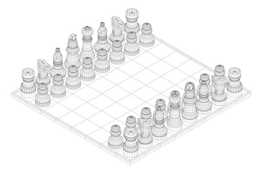 3D chess set with wireframe board and metallic pieces arranged in traditional formation on light wood surface.