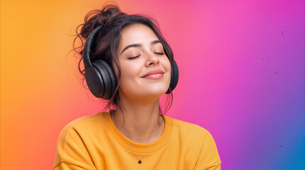 Fototapeta premium Relaxed young woman listening to music with wireless headphones. Serene brunette girl enjoying audio content against vibrant gradient background.
