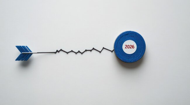 blue arrow with zigzag flight line aiming at a round blue target labeled 2025 on a white background conveying focus and anticipation