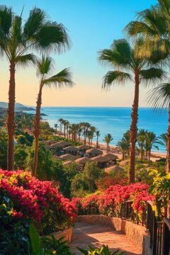 Tranquil stone pathway framed by vivid bougainvillea and tall palm trees leading down to a beachfront resort with thatched umbrellas and a calm blue sea at golden hour