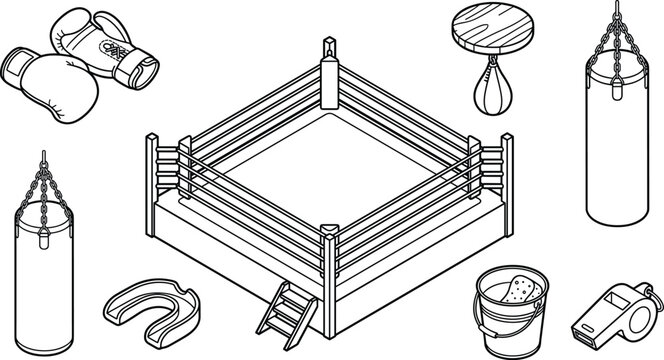 Isometric Boxing Equipment and Ring Vector Icon Set for Sports Training Apps Website Graphic and Digital Media Designs