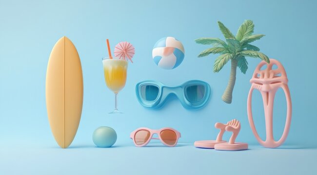 pastel summer still life with surfboard, tropical cocktail with umbrella, beach ball, palm tree, blue and pink sunglasses, flip flops and beach toys conveying playful relaxed vacation vibe